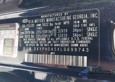 2020 Kia Sorento 3.3L Ex из США, поврежденный, VIN 5XYPHDA5XLG699743